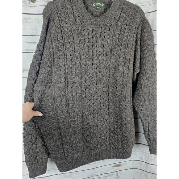 Orvis 100% Pure New Wool Fisherman Cable Knit Sweater Brown Mens L Ireland - Picture 4 of 9